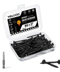 Heavy Duty Number 8 By 2 Inch Black Deck Screws Tough Carbon Steel Fasteners Rust Free Corrosion Resistant Hardware For Pressure Treated Lumber And Composite Boards Compact Trial Pack in clear container with T25 bit.