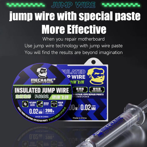 3 In 1 Jump Wire Solder Paste Kit with FJ202 0.02mm 200m Jumper Wire and flux paste for PCB repair, detailed packaging image.