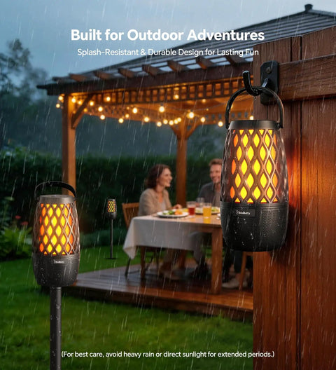 Multi Sync Bluetooth Lantern Speaker with lights in outdoor setting, showcasing 360 degree stereo sound and waterproof design.