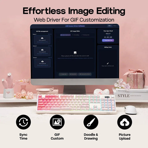 Level Up Your Desktop Rig With This Full Size Mechanical Keyboard Featuring A Built In Display And Tuning Dial 104 Keys Built Different For Comfort With A Huge 8000Mah Battery For Flawless Typing displaying software for GIF editing.