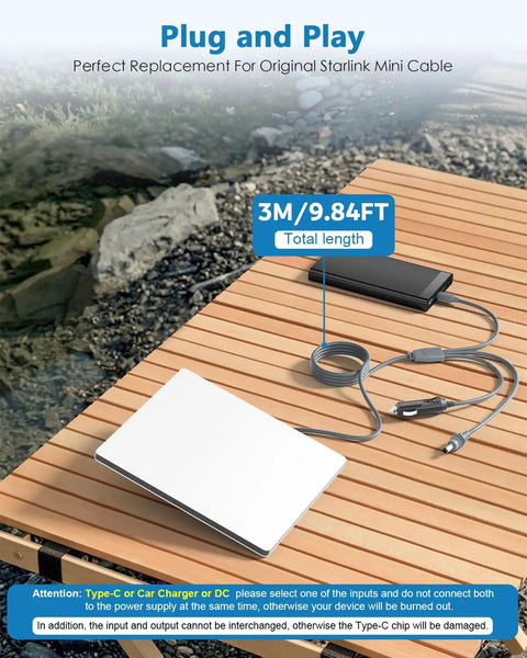 10 Ft 3 In 1 Usb C To Dc Power Cord For Starlink Mini With Rugged 18 Awg Wiring shown on wood surface with power bank.