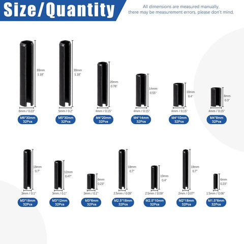 416 Piece Roll Pin Assortment Set M1.5 To M6, Black Finish, 65Mn Steel Durable Pins, 13 Sizes, Sorted In A Plastic Box