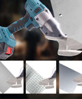 Cordless Electric Sheet Metal Shears With 360 Degree Swivel Head for cutting steel, aluminum, and tin, shown in action.