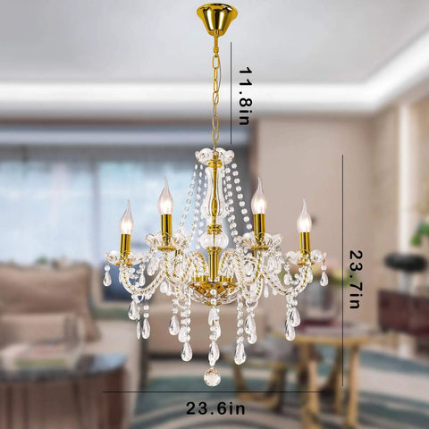 Showstopper Six Light K9 Crystal Chandelier Fixture For Dining Room And Living Areas showcasing gold finish and raindrop design