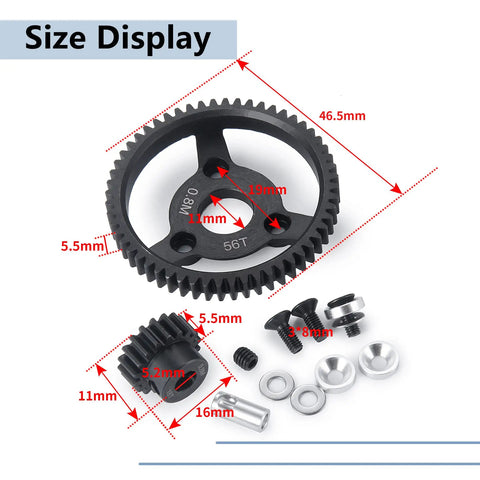 Beefed Up Steel RC Spur Gear Set 32P 56T With 18T Pinion detailed size display for 1/10 Scale 2WD Rustler Slash Stampede Upgrade