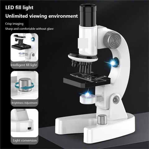 High Power 200X to 4800X LED Monocular Microscope with Slides Set for adults, featuring LED fill light and brightness adjustment.