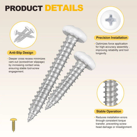 Premium Grade Rock Solid Heavy Duty Phillips Pan Head Self Tapping Screws 50 Pack M4 X 14mm Zinc Coated Carbon Steel close-up of screws with detailed design features.
