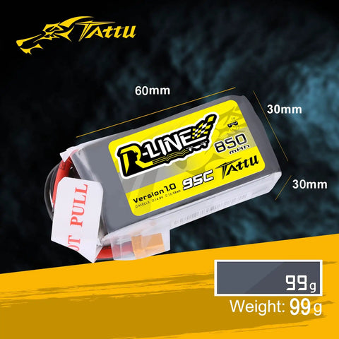 R Line 850mAh 14.8V 95C 4S LiPo Battery Pack With XT60 Plug for multirotor FPV drones, 60x30x30mm, 99g weight
