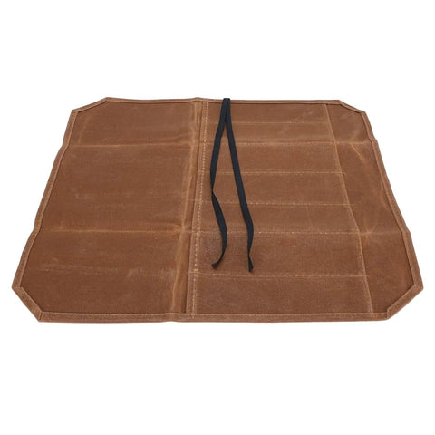 Open view of Waxed Canvas Chef Knife Roll Bag Seven Slots Lightweight Knife Carrier for kitchen chefs and camping.