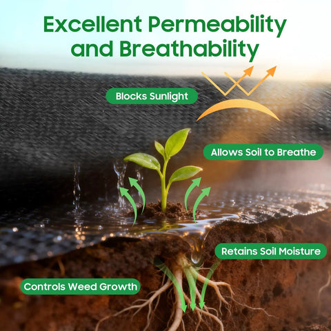 Heavy Duty Weed Barrier Landscape Fabric Made From 100 Percent New Polypropylene Black 3 Foot By 100 Foot Water Permeable Tear Resistant For Gardening Tough As Nails Built To Last And Keeps Weeds Out showing soil moisture retention and sunlight blocking.