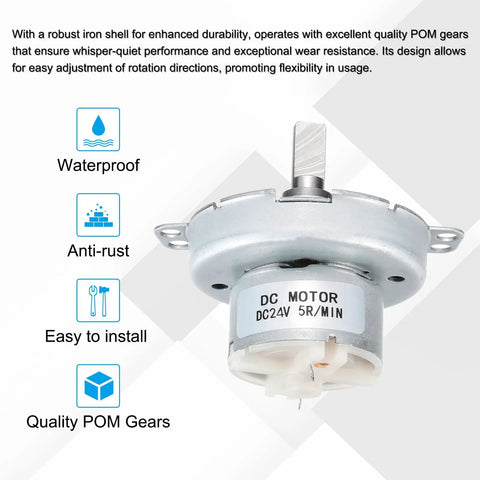 Low Speed 24V DC Gear Motor With 5 RPM D Shaft CW CCW High Torque, iron shell, waterproof, anti-rust, and easy installation.
