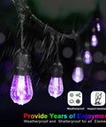 48 Ft Outdoor Patio Lights With Remote Dimmable RGB LED String Lights 8 Colors Including Red Green Blue Warm White And Cyan One Color At A Time 15 Shatterproof Bulbs Waterproof Cafe Bistro Party Mood Lighting in rain