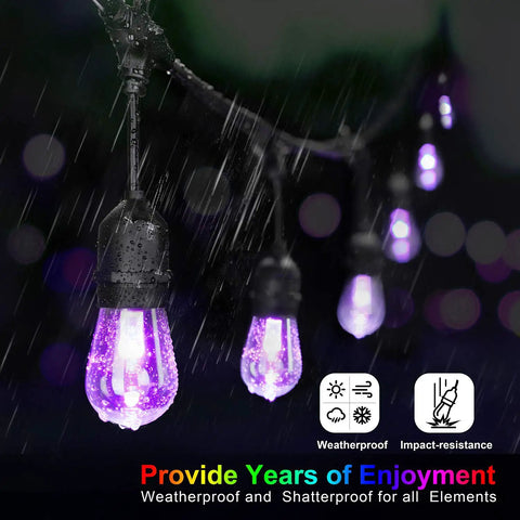 48 Ft Outdoor Patio Lights With Remote Dimmable RGB LED String Lights 8 Colors Including Red Green Blue Warm White And Cyan One Color At A Time 15 Shatterproof Bulbs Waterproof Cafe Bistro Party Mood Lighting in rain