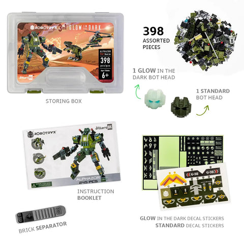 Robot Army Buildable Mech Soldier Toy Set With Glow In The Dark Parts, 398-piece plastic kit with storage box and stickers