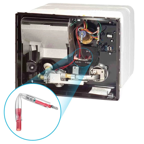 Enhon 10-piece water heater thermal cut-off kit installed in RV Atwood 93866; internal wiring with inset test probe.