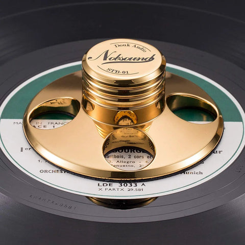 Nobsound STB-01 gold metal LP vinyl record stabilizer weight installed on record