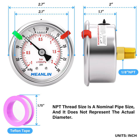 Meanlin 2.5-inch stainless steel liquid-filled vacuum/pressure gauge, -30 inHg to 30 psi, 1/8" NPT back mount.