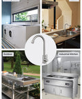 Level Up Your Kitchen Setup With This Top Shelf Cold Water Only Faucet Crafted From Lead Free SUS304 Stainless Steel Featuring A Smooth 360 Degree Swivel And Durable Brushed Nickel Finish in various settings.