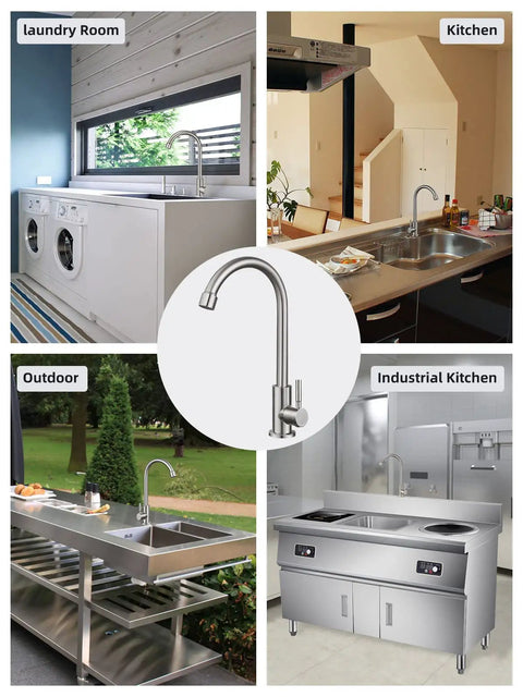 Level Up Your Kitchen Setup With This Top Shelf Cold Water Only Faucet Crafted From Lead Free SUS304 Stainless Steel Featuring A Smooth 360 Degree Swivel And Durable Brushed Nickel Finish in various settings.