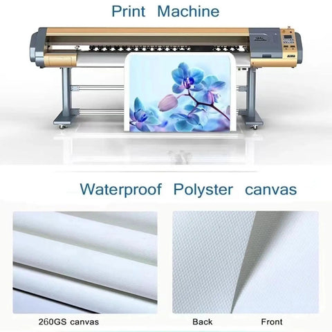Print machine with Vintage Steam Locomotive Canvas Art Print, 260GS waterproof polyester, showcasing quality material