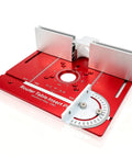 Heavy Duty Aluminum Router Table Insert Plate With Rock Solid Miter Guide Dual Metric Imperial Angle Scales And Rotating Sliding Ruler For Hassle Free Woodworking Setup Red on a white background.