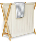 Collapsible Bamboo Wood Laundry Hamper With X Frame Foldable Laundry Basket And Linen Canvas Bag for Bedroom or Bathroom, 50L, 20x12x23 Inches