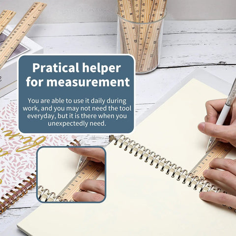 Person using 60 Pack Wooden Rulers 12 Inch Measuring Rulers Bulk Wood Ruler With Double Sided Metric And Inch Scales for writing