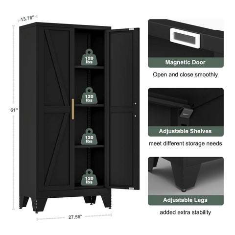 61 Inch Tall Farmhouse Metal Pantry Cabinet With Two Barn Doors And Adjustable Shelves Built To Last Heavy Duty Steel Kitchen Storage Cabinet For Pantry Laundry Room Home Office And Kids Room In Black Finish, open with visible shelves