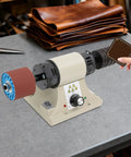 Premium Electric Leather Edge Burnishing Machine With 350W Pure Copper Motor And Cast Iron Build at workbench with leather goods.