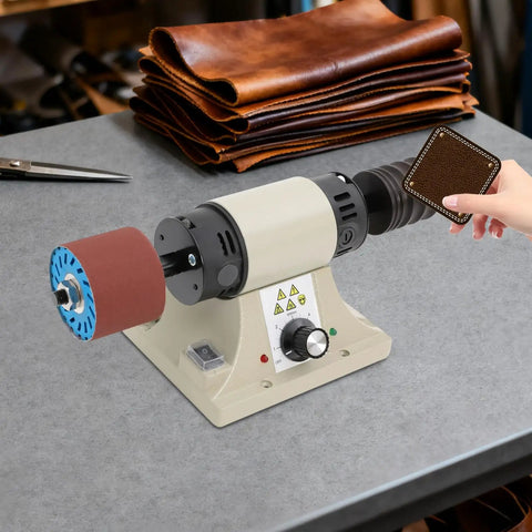 Premium Electric Leather Edge Burnishing Machine With 350W Pure Copper Motor And Cast Iron Build at workbench with leather goods.