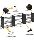 Built Tough Heavy Duty Power Tool Organizer Wall Mount With 3 Layer Metal Rack, 8.7x45.5 inches, side hooks and 3 AC outlets for garage use.