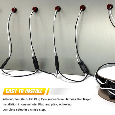 Red 3/4 Inch Trailer LED Marker Lights Kit With 20 Round Lights Chrome Trim Ring Bezels And 2 Pin Wire Harness Roll Plug And Play Connectors close-up on wiring harness