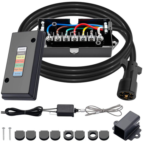 7 Way Trailer Wiring Kit With 7 Gang Junction Box, 12V Breakaway Switch And Plug Holder, Heavy Duty 8 Ft Wiring Harness