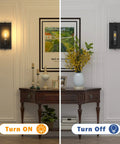 Industrial Black Wall Sconces Set Of 2, Vintage Farmhouse Style Metal Light Fixtures For Indoor Use, shown on and off in a living room
