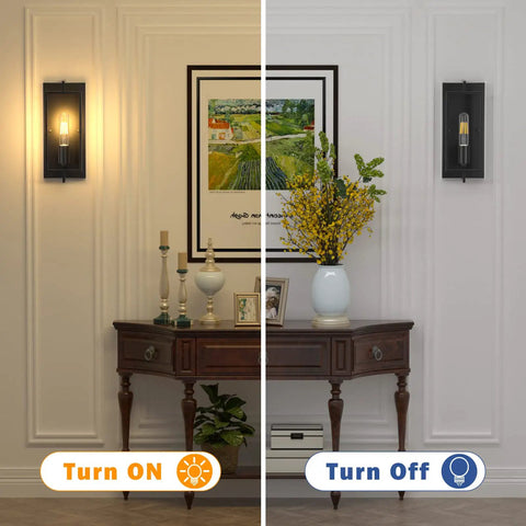 Industrial Black Wall Sconces Set Of 2, Vintage Farmhouse Style Metal Light Fixtures For Indoor Use, shown on and off in a living room