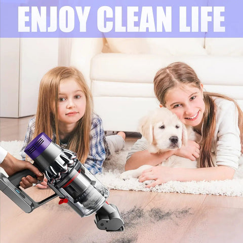 Dyson vacuum cleaning carpet near children and dog, Three Pack Replacement Filters For Dyson V10 Vacuum Cleaners, Upgraded Two In One Design