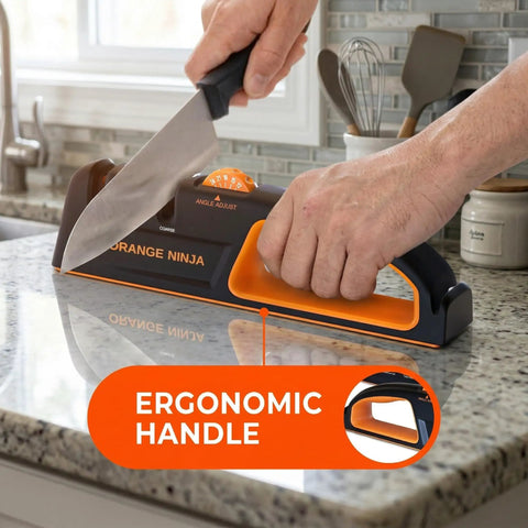 Person using Multi Angle Knife Sharpener With Five Angle Settings And Three Stage System For Home Cooks in kitchen