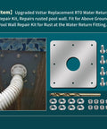 Upgraded RT0 Water Return Repair Kit for Rusty Pool Walls with metal plate, screws, fasteners, drill bits, fixing rust and leaks.
