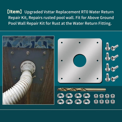 Upgraded RT0 Water Return Repair Kit for Rusty Pool Walls with metal plate, screws, fasteners, drill bits, fixing rust and leaks.