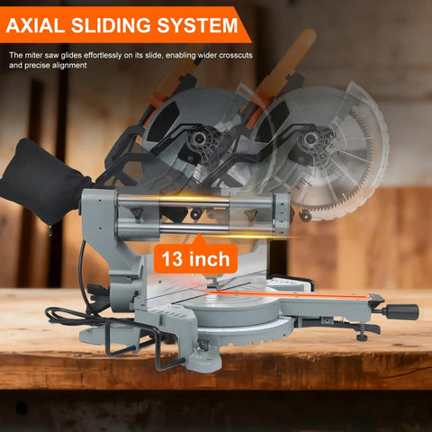 Professional Grade 10 Inch Sliding Compound Miter Saw Fueled By A Boss 15 Amp Motor with Axial Sliding System for precision cuts.