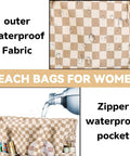 Large Beach Tote Bag For Women Waterproof And Sandproof with zipper showing outer waterproof fabric design.