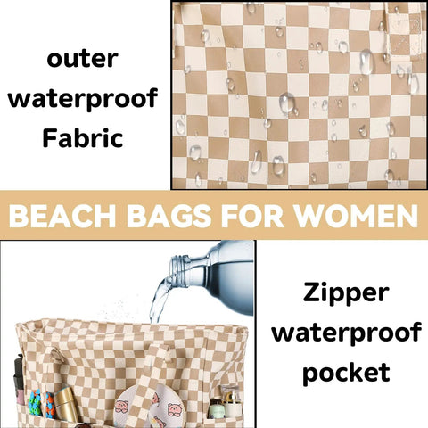 Large Beach Tote Bag For Women Waterproof And Sandproof with zipper showing outer waterproof fabric design.