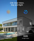 C220 8 Channel 4MP 2.5K PoE Security Camera System image showing day and night vision capabilities, modern house exterior.