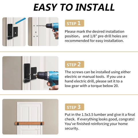 Installation steps for Heavy Duty Black Steel Door Barricade Brackets 32 Pack U Shape Security Reinforcement for 2x4 lumber.