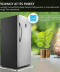 Energy Star Rated 13 8 Cu Ft Upright Freezer With Digital Thermostat And Frost Free Tech, shown in sleek stainless steel design.