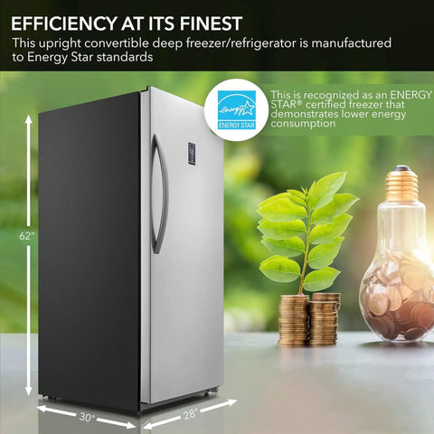 Energy Star Rated 13 8 Cu Ft Upright Freezer With Digital Thermostat And Frost Free Tech, shown in sleek stainless steel design.