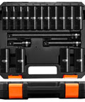 18 Piece Half Inch Drive Deep Impact Socket Set With 6 Point Metric Sizes 10mm Through 24mm, CRV Steel, includes storage case