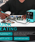 Person using 60W Smart Soldering Station With 110V Input Pro Grade Build Adjustable 392 To 896 F Digital Soldering Iron Station on PCB