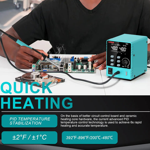 Person using 60W Smart Soldering Station With 110V Input Pro Grade Build Adjustable 392 To 896 F Digital Soldering Iron Station on PCB
