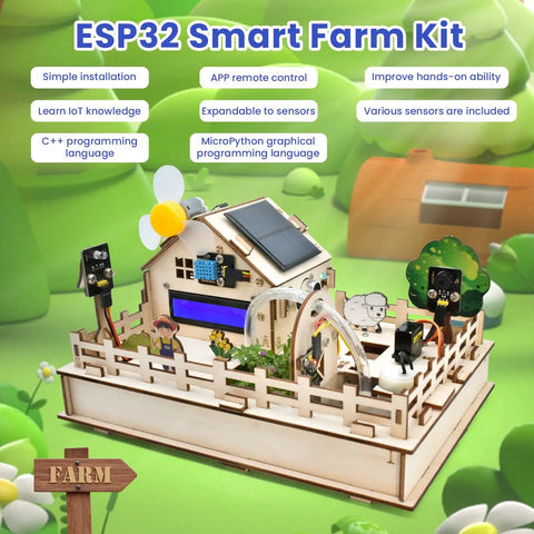 ESP32 Smart Farm Starter Kit For Arduino Fans With DIY Sensor Set And Auto Irrigation Light Soil Moisture And More Scratch Compatible Tutorials STEM Education Kit For Teens And Adults model showcasing sensors and features in a garden scene.